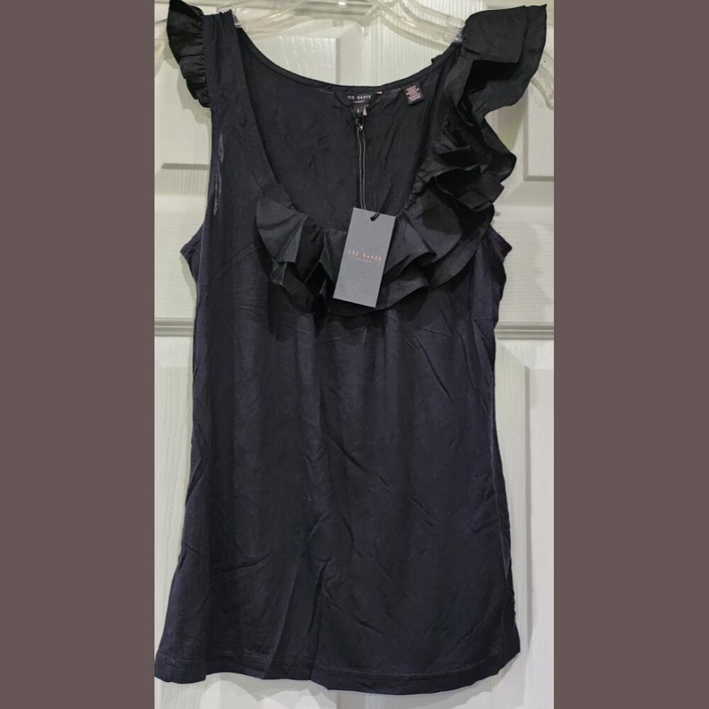 $125 NWT TED BAKER LONDON RUFFLE DETAIL BLACK TOP SIZE: 1 TB / 4 US